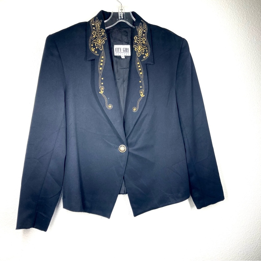 Embroidered Black Blazer Vintage 80s Shoulder Pads M Black City Girl